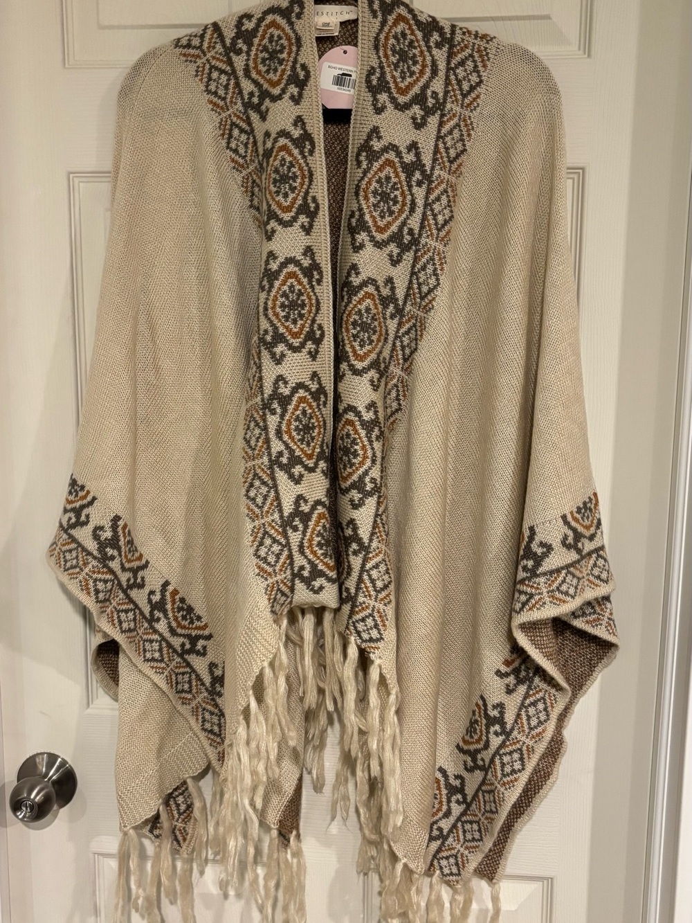 lovestitch Beige Fringe Poncho with Patterned Trim